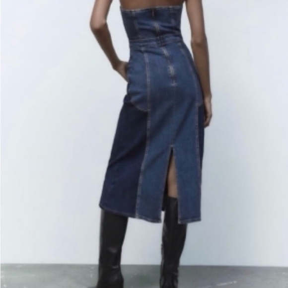 Zara Two-Tone Strapless Denim Midi Dress - Blue - Picture 2 of 3